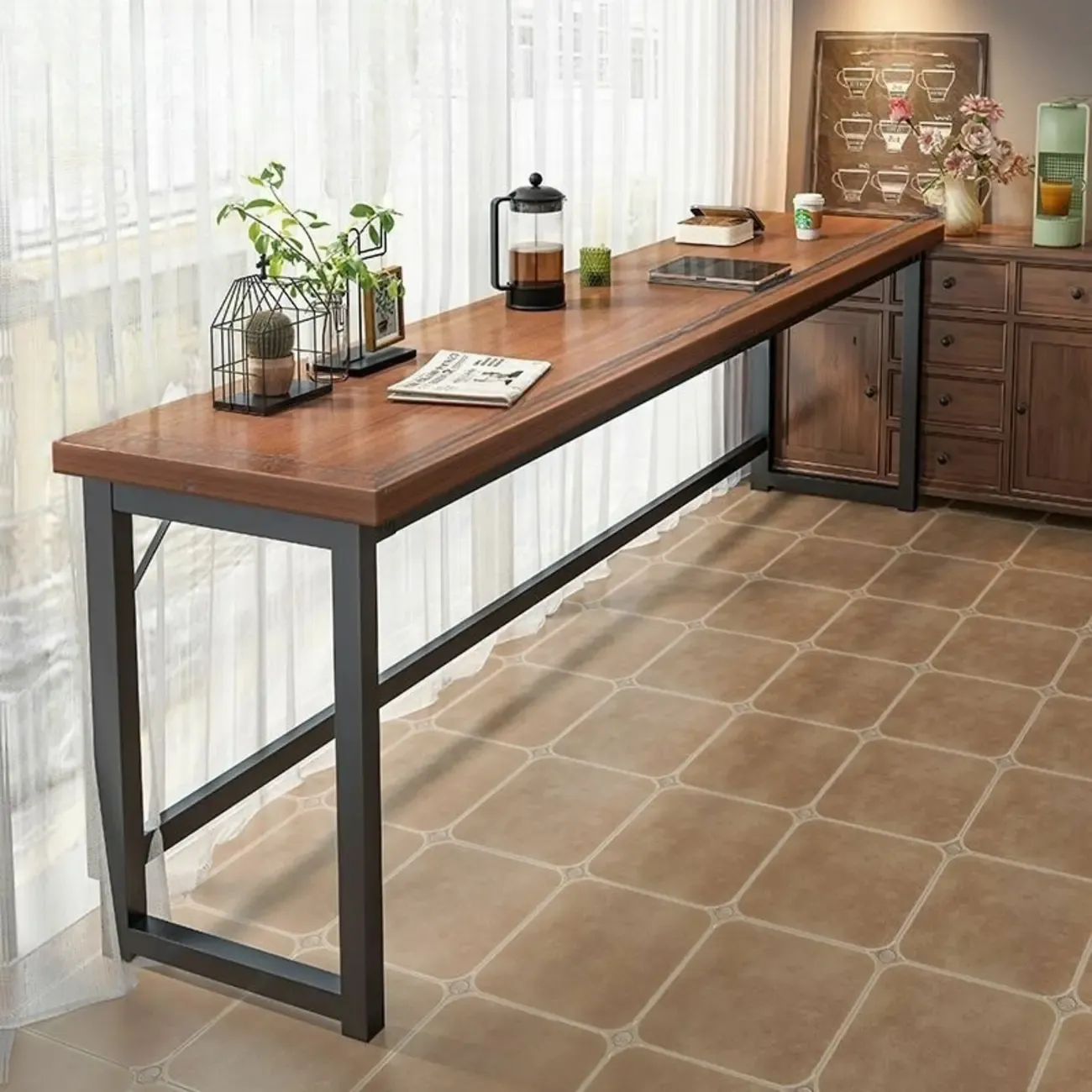 Modern Brown Wooden Metal Frame Fixed Top Bar Tables Image - 7