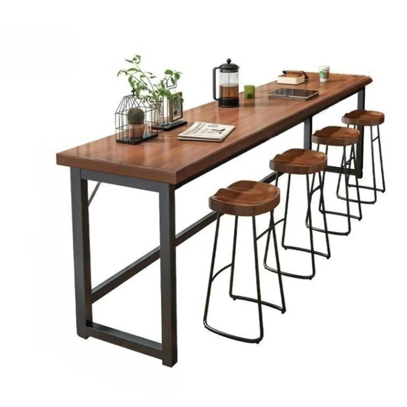 Modern Brown Wooden Metal Frame Fixed Top Bar Tables Image - 9 | homeyfad