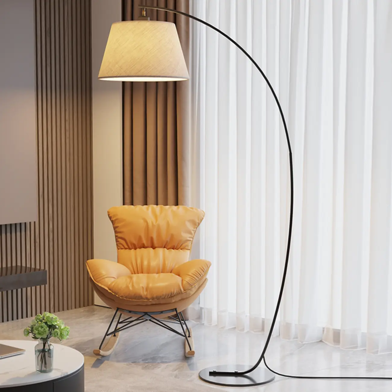 Modern Fabric Arc Floor Lamp for Living Room, Black Image - 4 | homeyfad