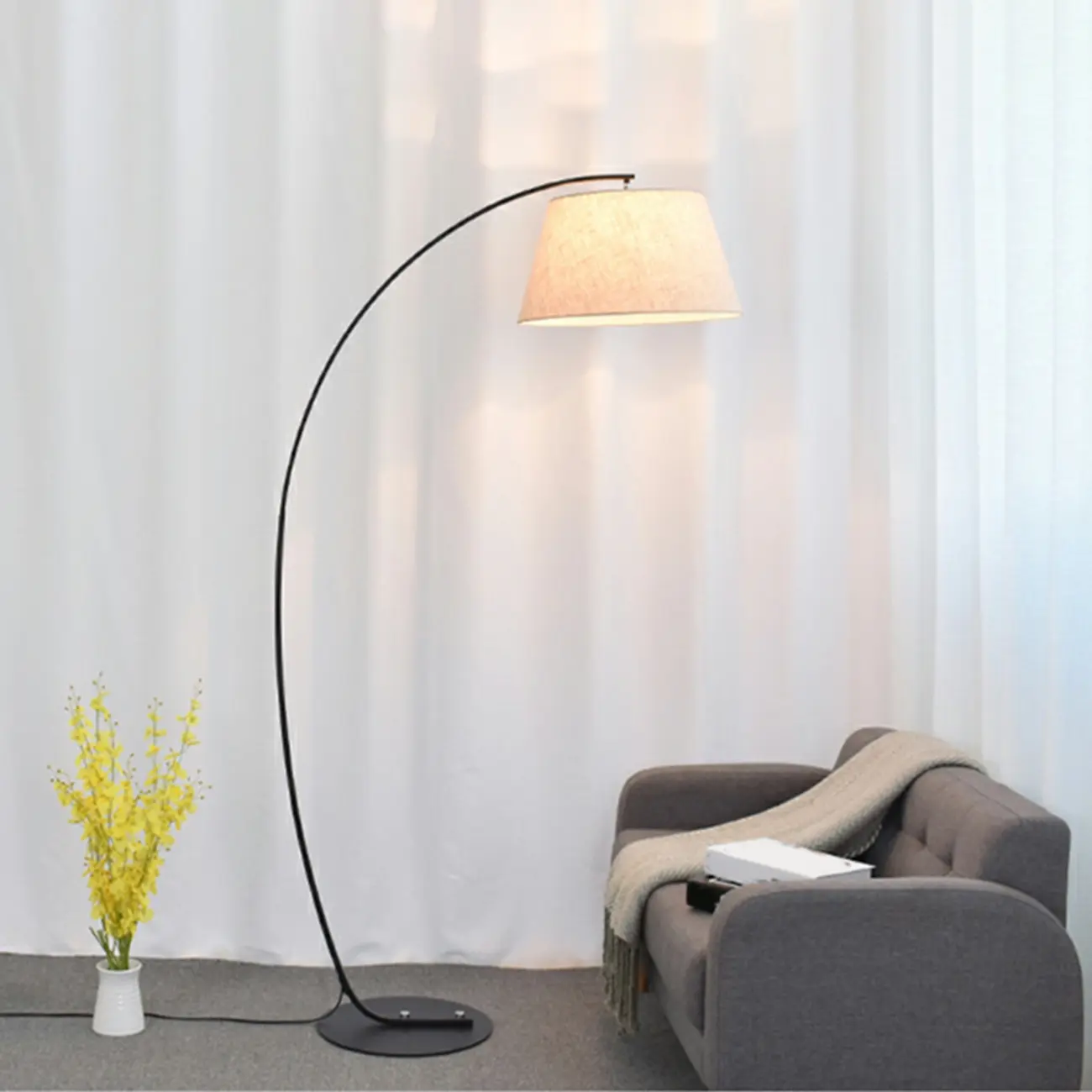 Modern Fabric Arc Floor Lamp for Living Room, Black Image - 9 | homeyfad