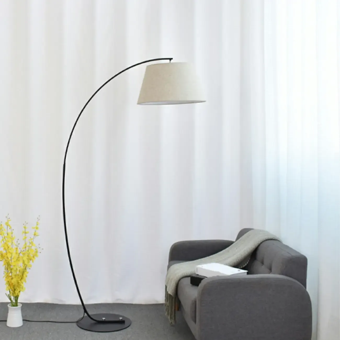 Modern Fabric Arc Floor Lamp for Living Room, Black Image - 10