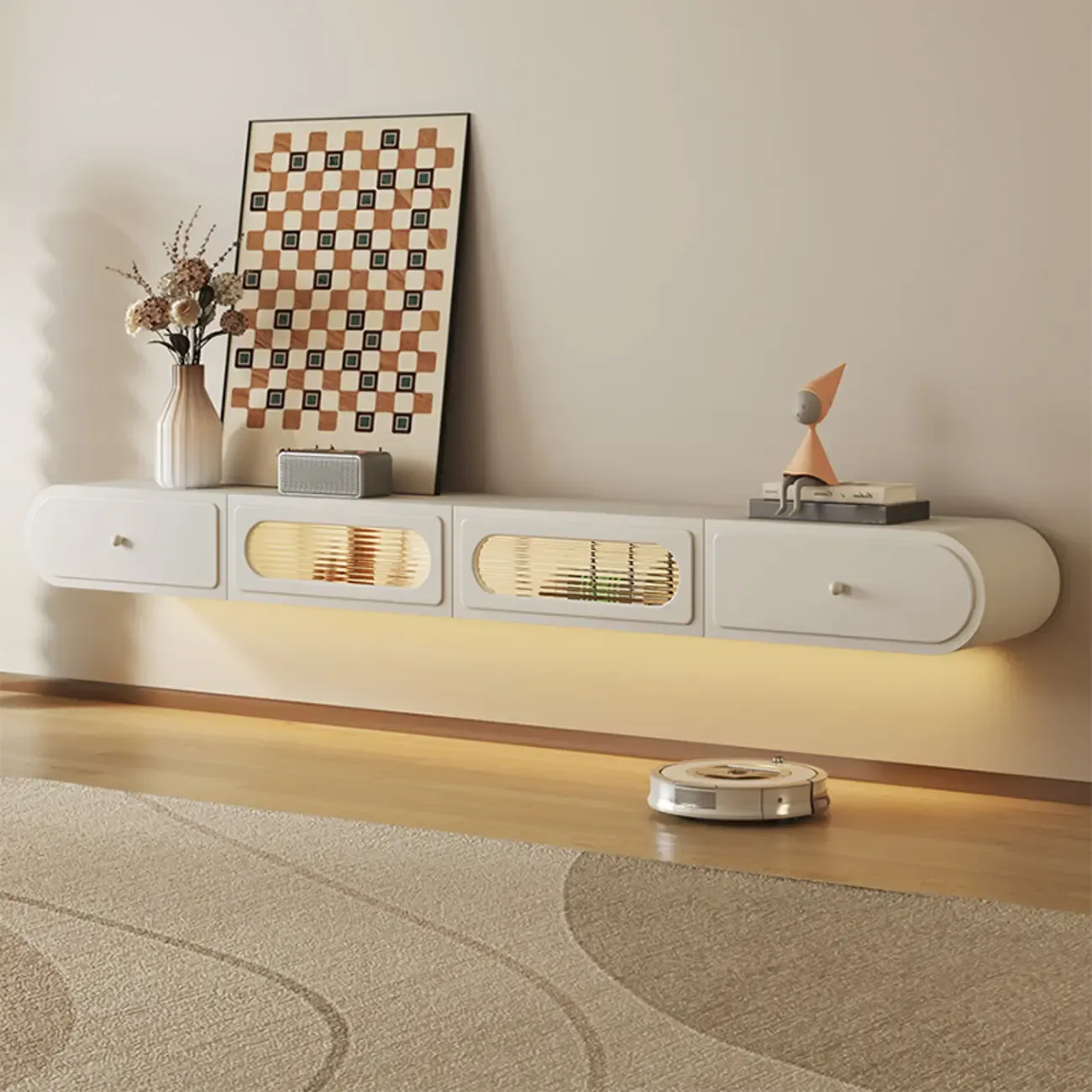 Minimalist Wooden Floating TV Stand with Lighting & Drawers Image - 1