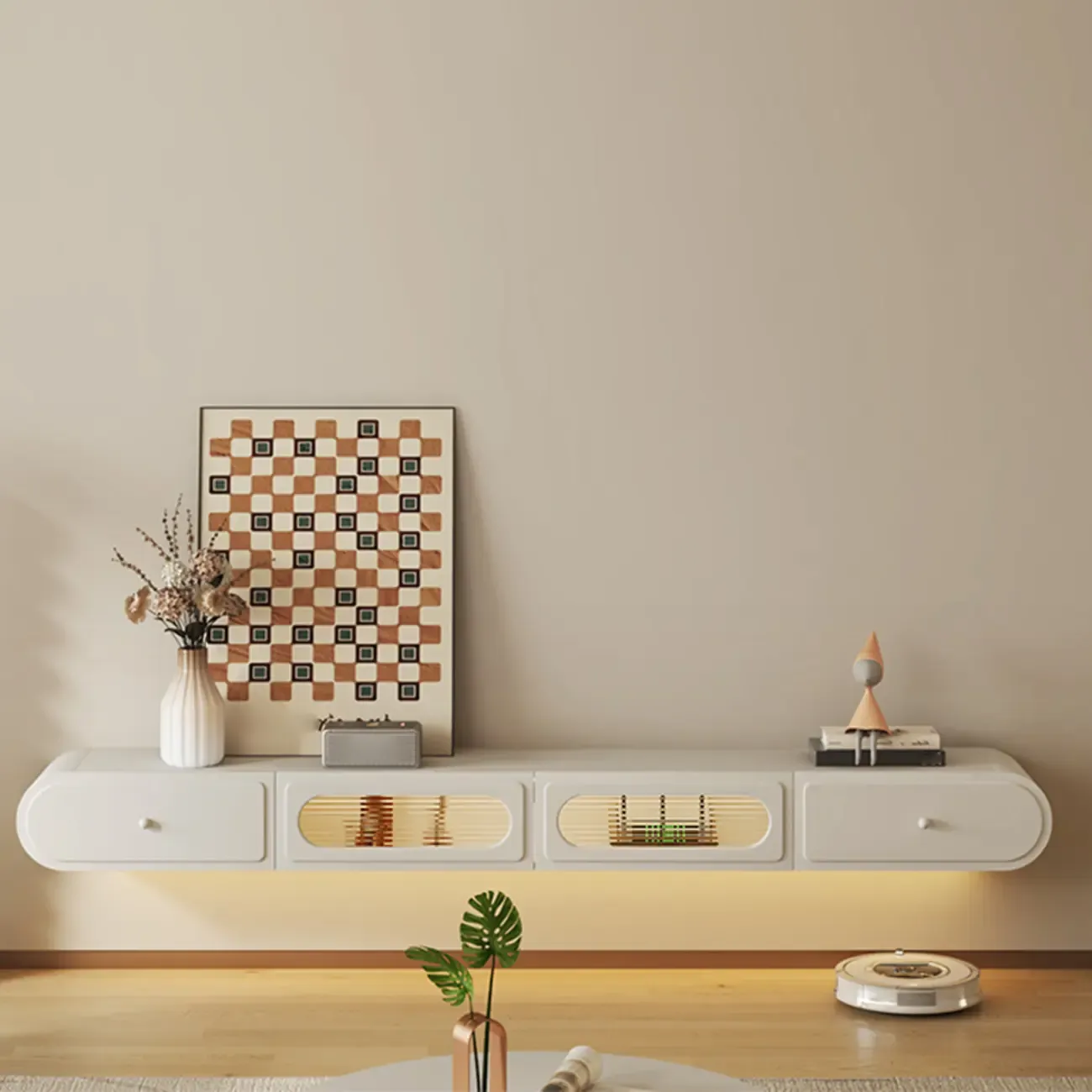 Minimalist Wooden Floating TV Stand with Lighting & Drawers Image - 2