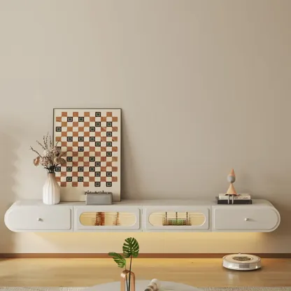 Minimalist Wooden Floating TV Stand with Lighting & Drawers Image - 2