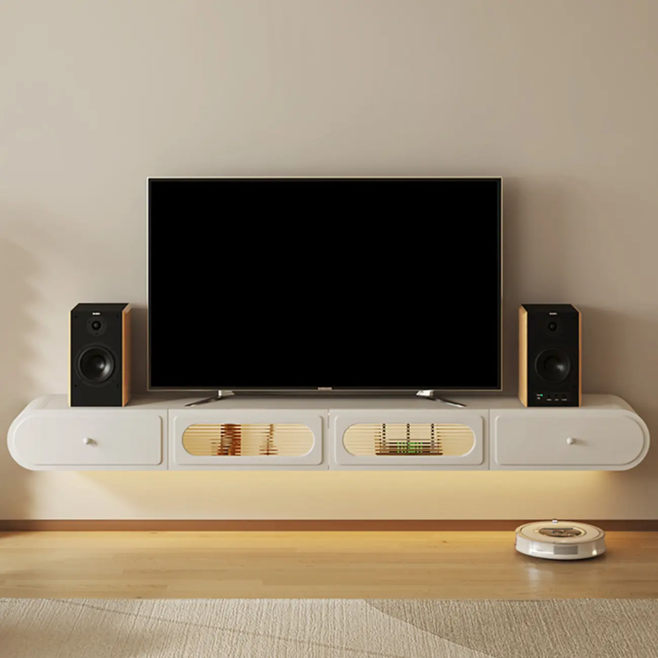 Minimalist Wooden Floating TV Stand with Lighting & Drawers Image - 3 | homeyfad