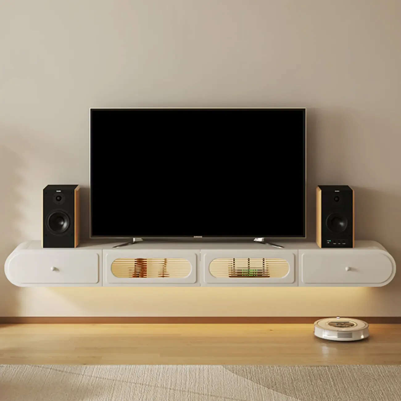 Minimalist Wooden Floating TV Stand with Lighting & Drawers Image - 3