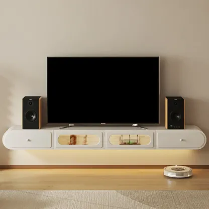 Minimalist Wooden Floating TV Stand with Lighting & Drawers Image - 3