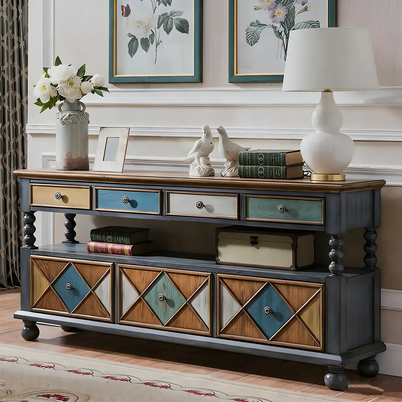 Vintage Geometric Wooden Sideboard with Storage Drawers Image - 20 | homeyfad