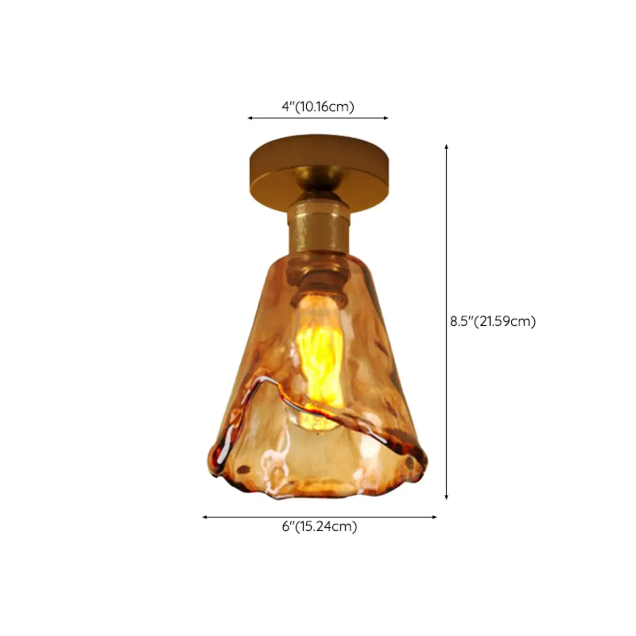 Amber Glass Cone Brass Modern Semi Flush Ceiling Light #size