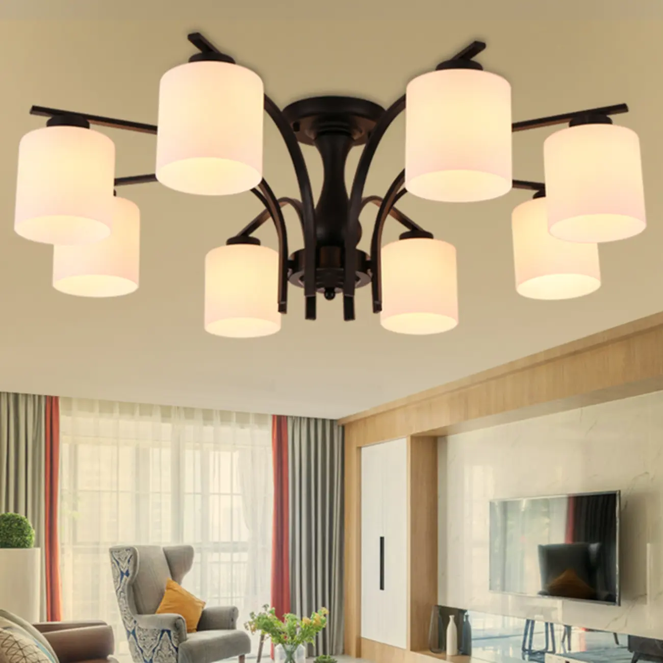 Traditional Black Cylinder Glass Semi-Flush Mount Ceiling Light | homeyfad