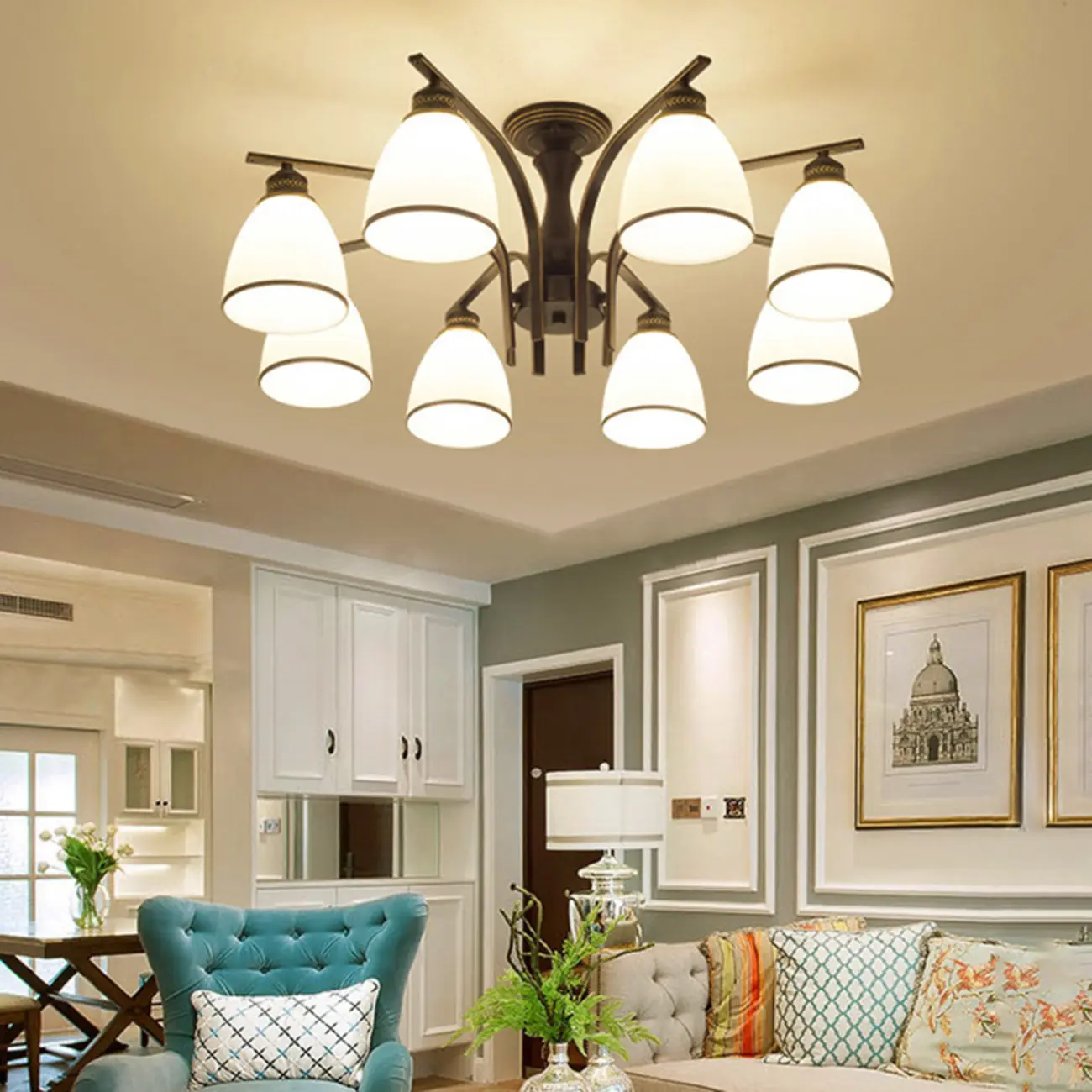 Traditional Black Cylinder Glass Semi-Flush Mount Ceiling Light | homeyfad