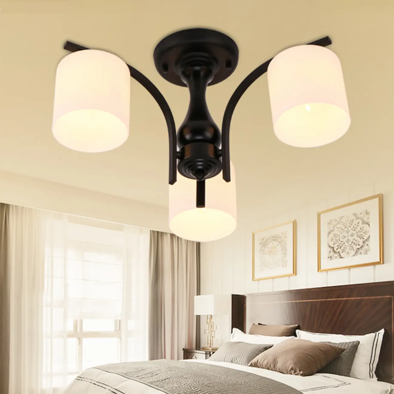 Traditional Black Cylinder Glass Semi-Flush Mount Ceiling Light | homeyfad