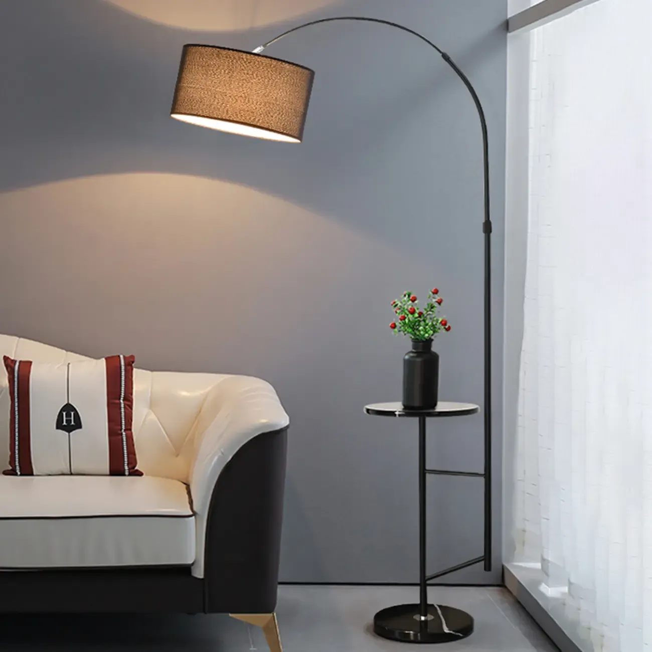 Modern Fabric Drum Shade Adjustable Arc Floor Lamp with Table