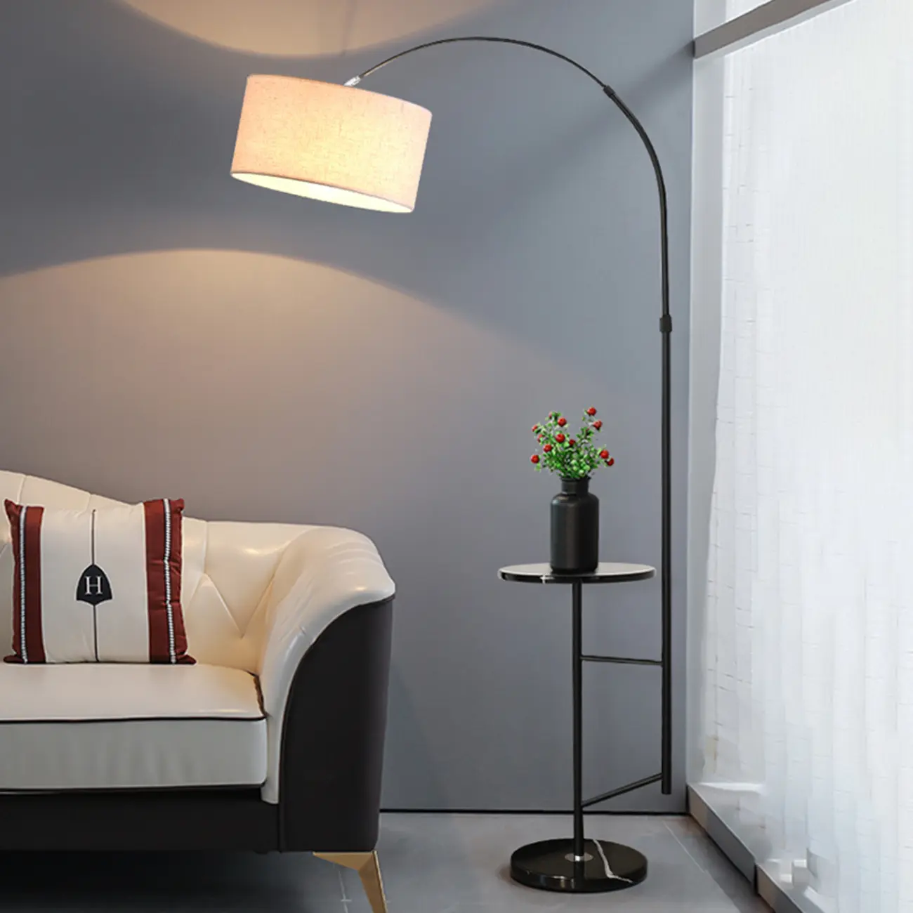 Modern Fabric Drum Shade Adjustable Arc Floor Lamp with Table | homeyfad