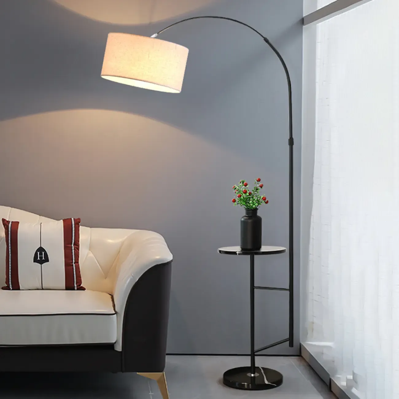 Modern Fabric Drum Shade Adjustable Arc Floor Lamp with Table