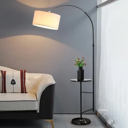 Modern Fabric Drum Shade Adjustable Arc Floor Lamp with Table