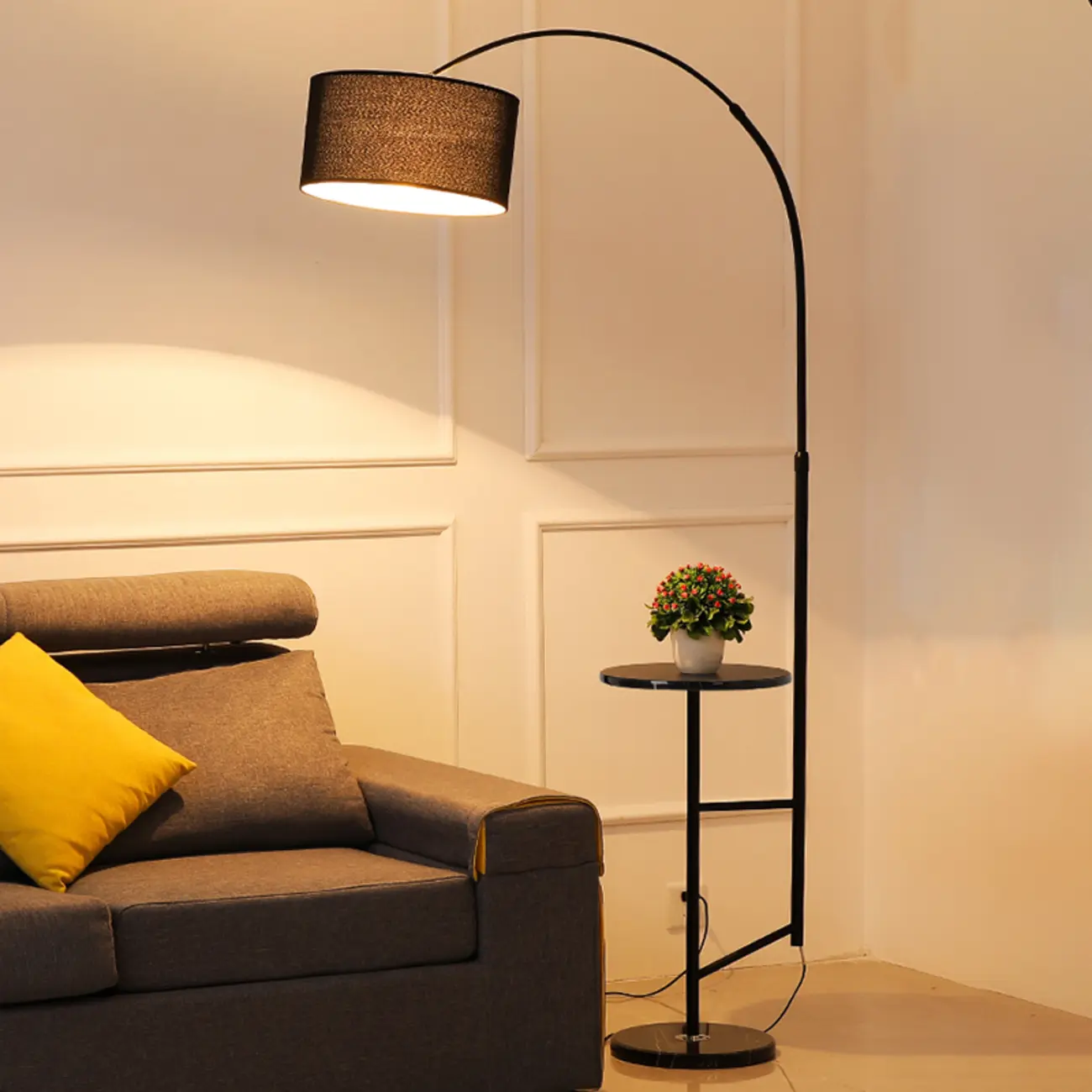 Modern Fabric Drum Shade Adjustable Arc Floor Lamp with Table | homeyfad