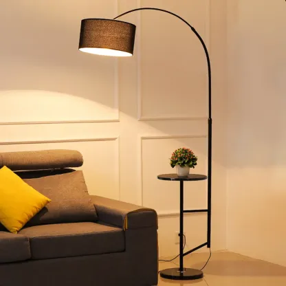 Modern Fabric Drum Shade Adjustable Arc Floor Lamp with Table