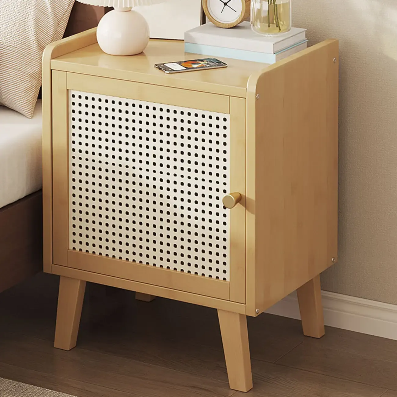 Scandinavian Bedside Table Natural Solid Wood Nightstand Image - 1