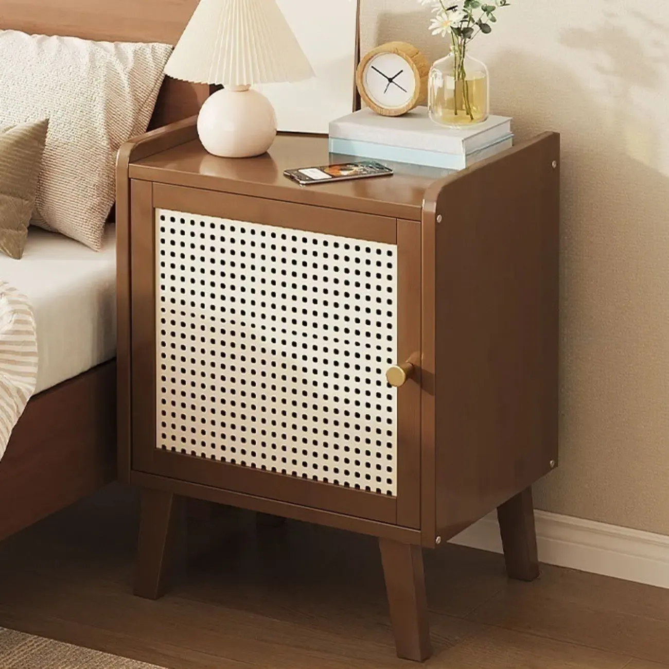 Scandinavian Bedside Table Natural Solid Wood Nightstand Image - 2