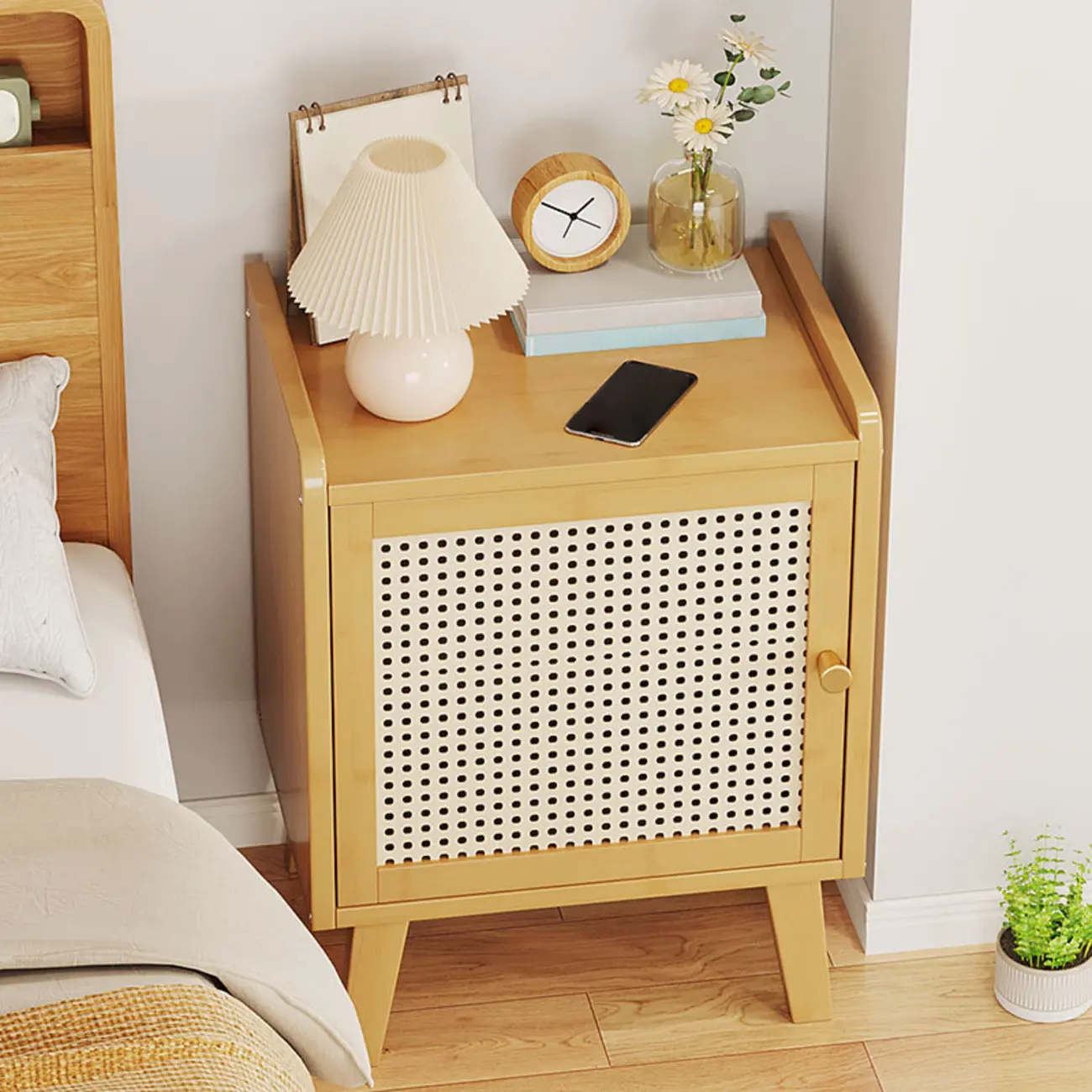 Scandinavian Bedside Table Natural Solid Wood Nightstand Image - 5 | homeyfad