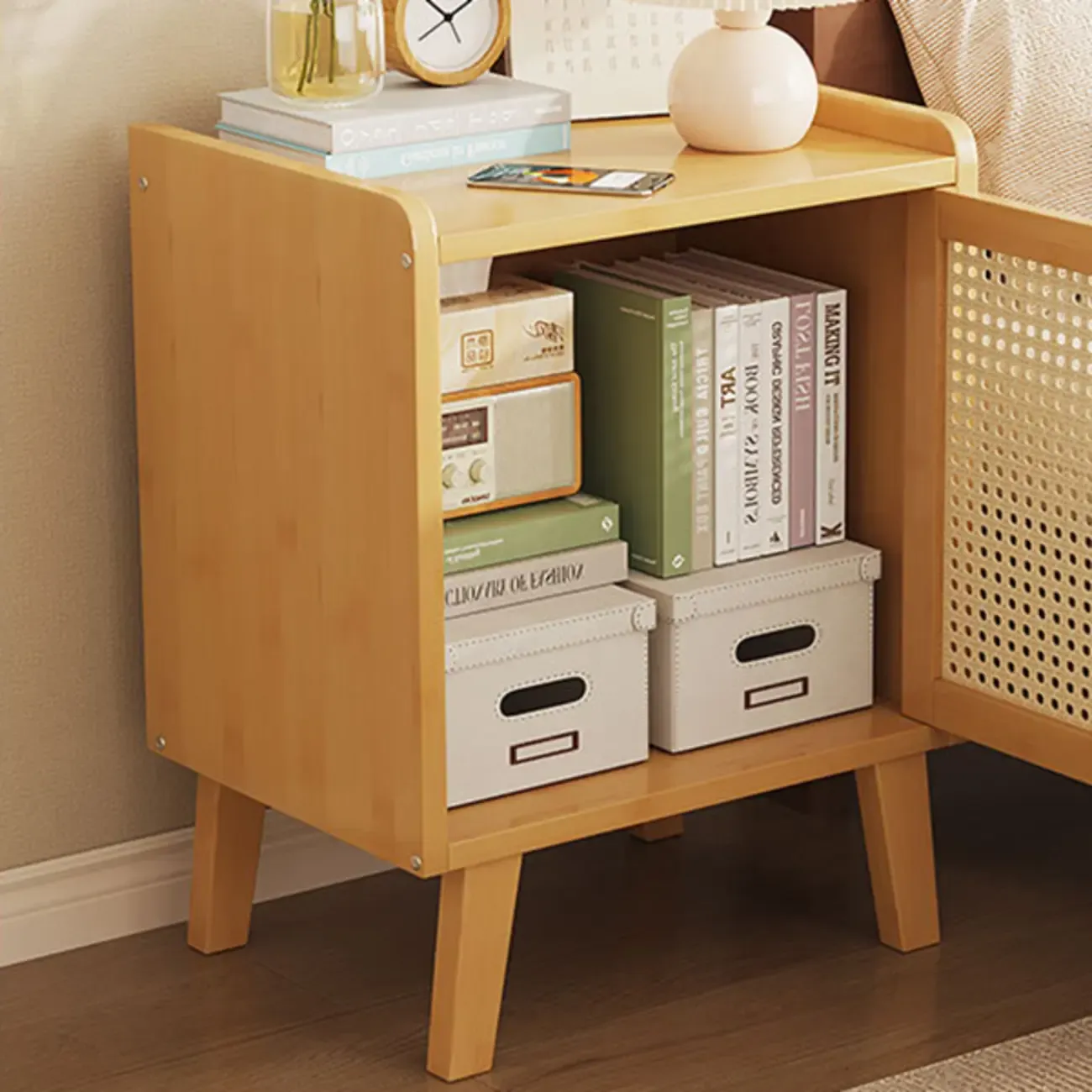 Scandinavian Bedside Table Natural Solid Wood Nightstand Image - 6