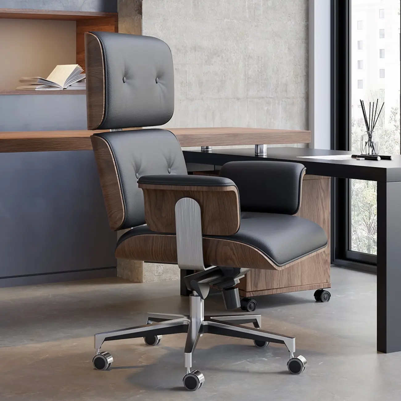 Black Wooden Adjustable Height Swivel Upholstered Desk Chair Home Office Image - 2 | homeyfad