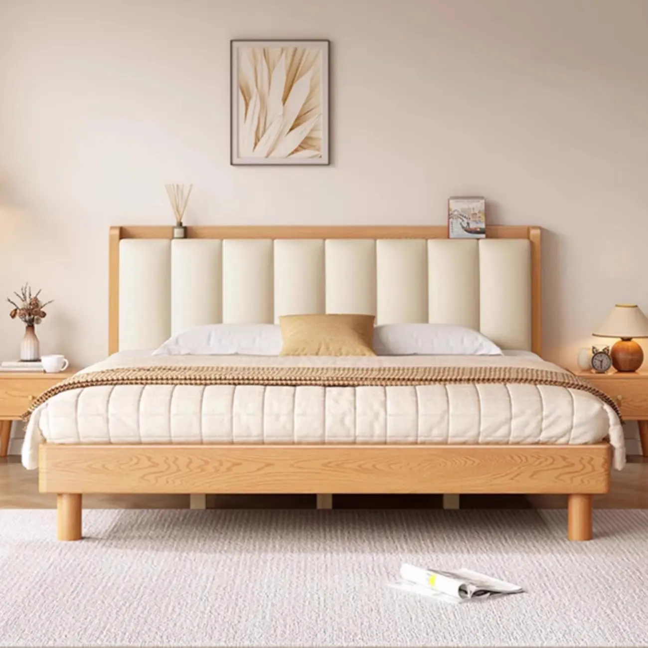 Scandinavian Natural Finish Leather Upholstered Wooden Bed Image - 2 | homeyfad