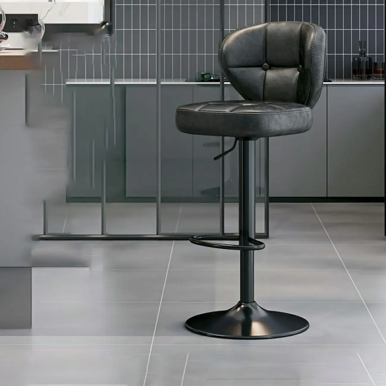 Adjustable Square Tufted Faux Leather Swivel Bar Stools Image - 4