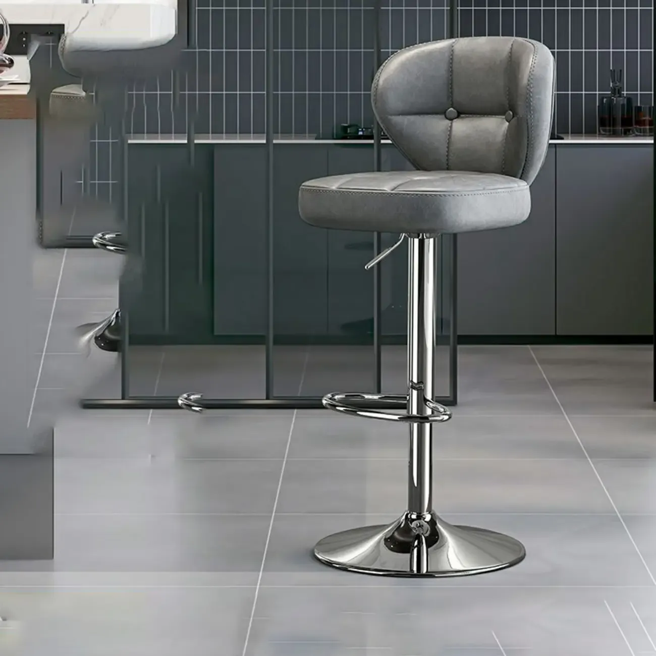 Adjustable Square Tufted Faux Leather Swivel Bar Stools Image - 10