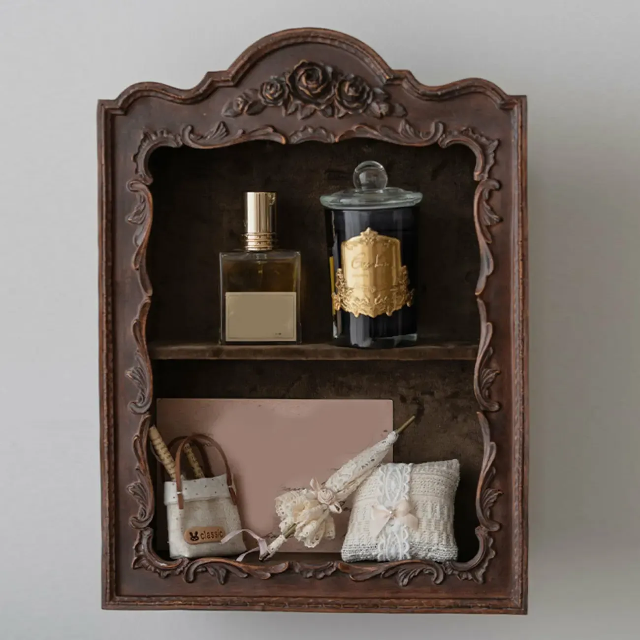 French Country Classic Wall Mount Carved Display Cabinet Image - 4