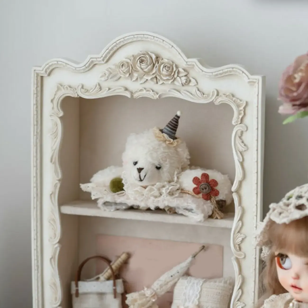 French Country Classic Wall Mount Carved Display Cabinet Image - 9