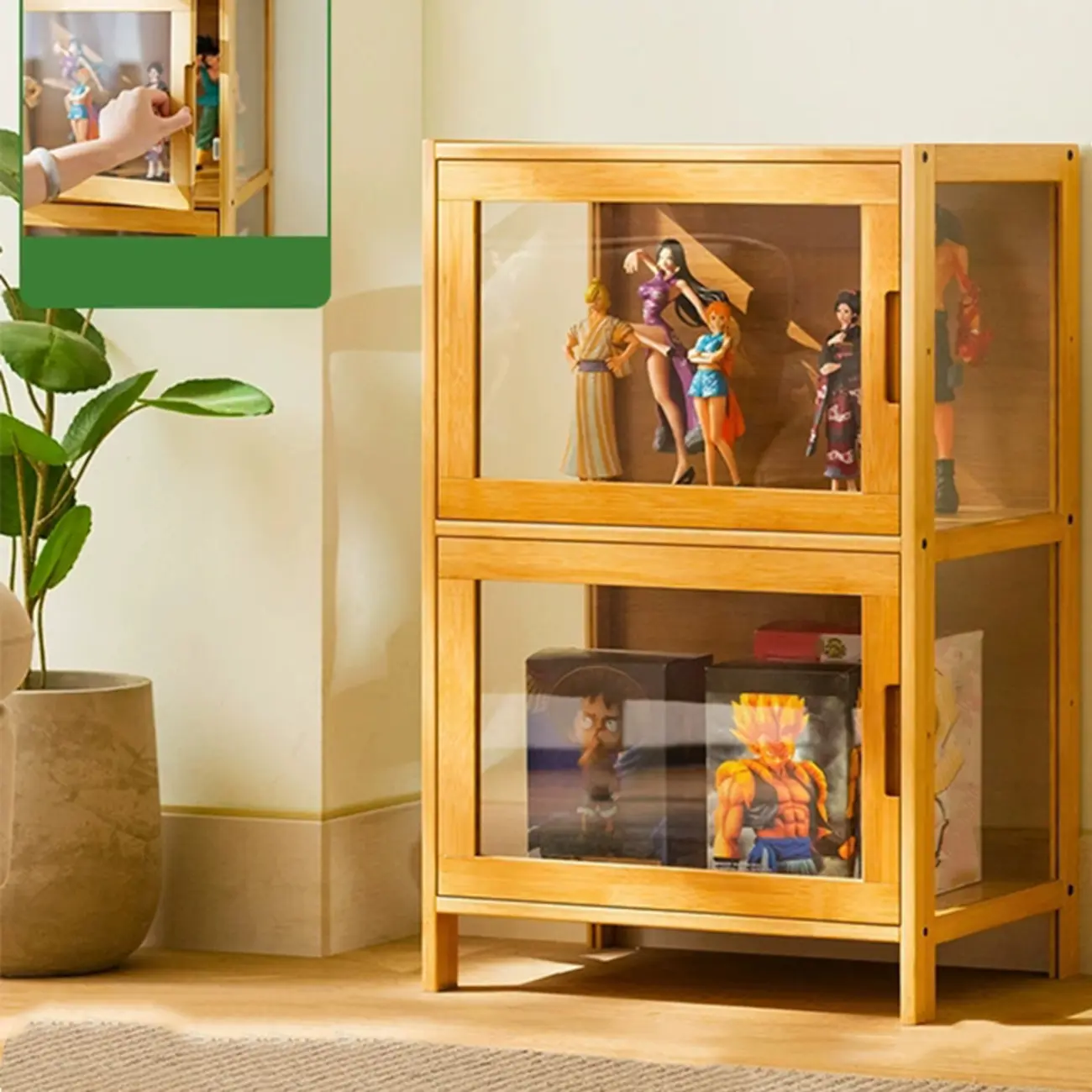 Modern Grey Bamboo Glass Display Cabinet for Living Room Image - 2 | homeyfad