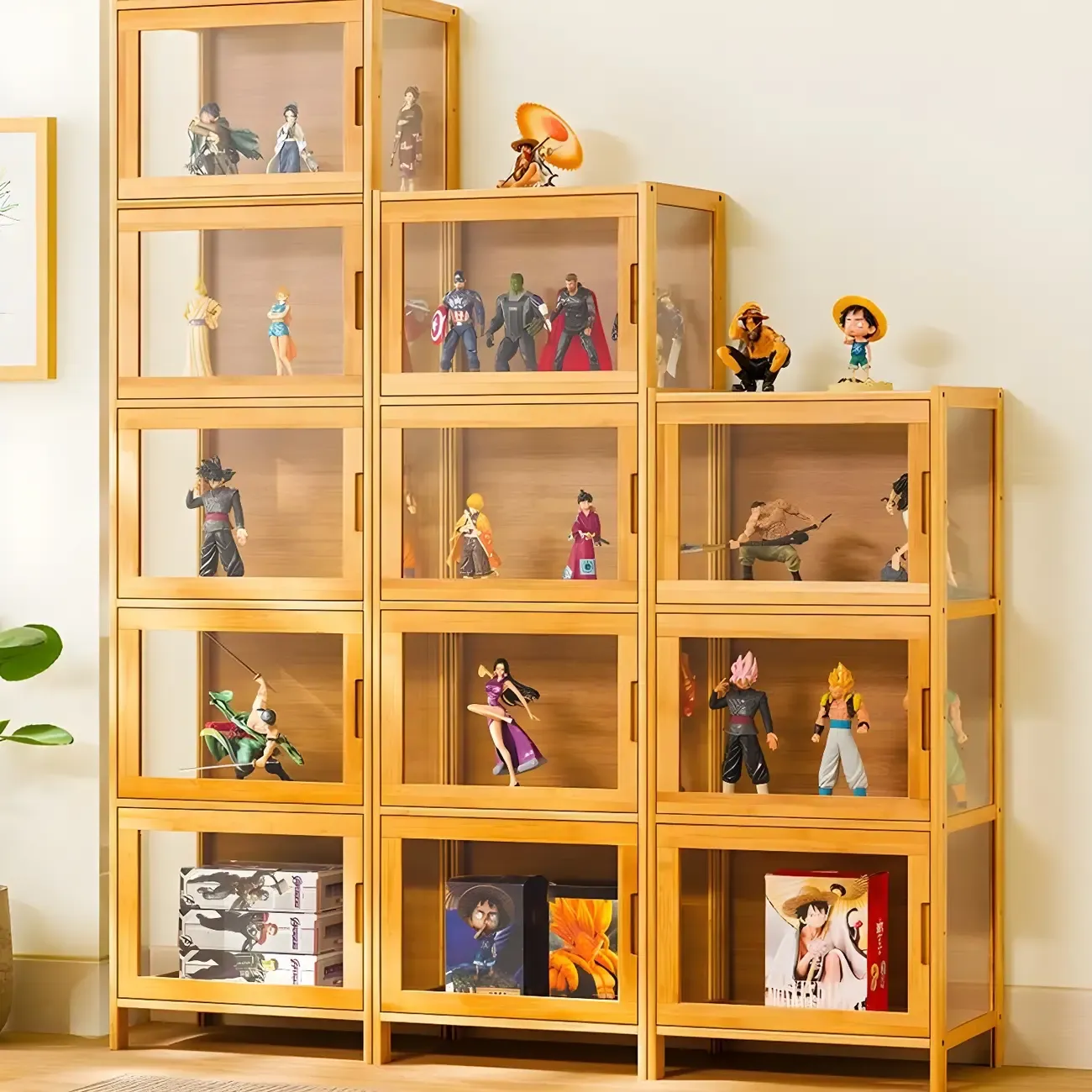 Modern Grey Bamboo Glass Display Cabinet for Living Room Image - 3