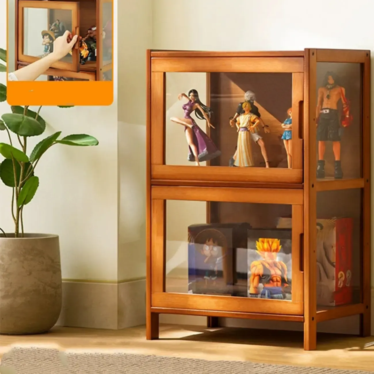 Modern Grey Bamboo Glass Display Cabinet for Living Room Image - 4