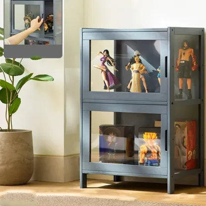 Modern Grey Bamboo Glass Display Cabinet for Living Room Image - 5