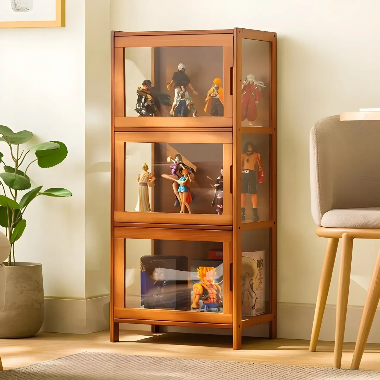 Modern Grey Bamboo Glass Display Cabinet for Living Room Image - 6