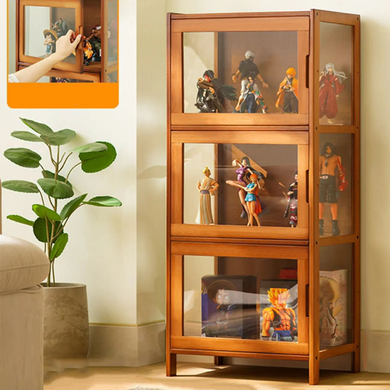 Modern Grey Bamboo Glass Display Cabinet for Living Room Image - 10 | homeyfad