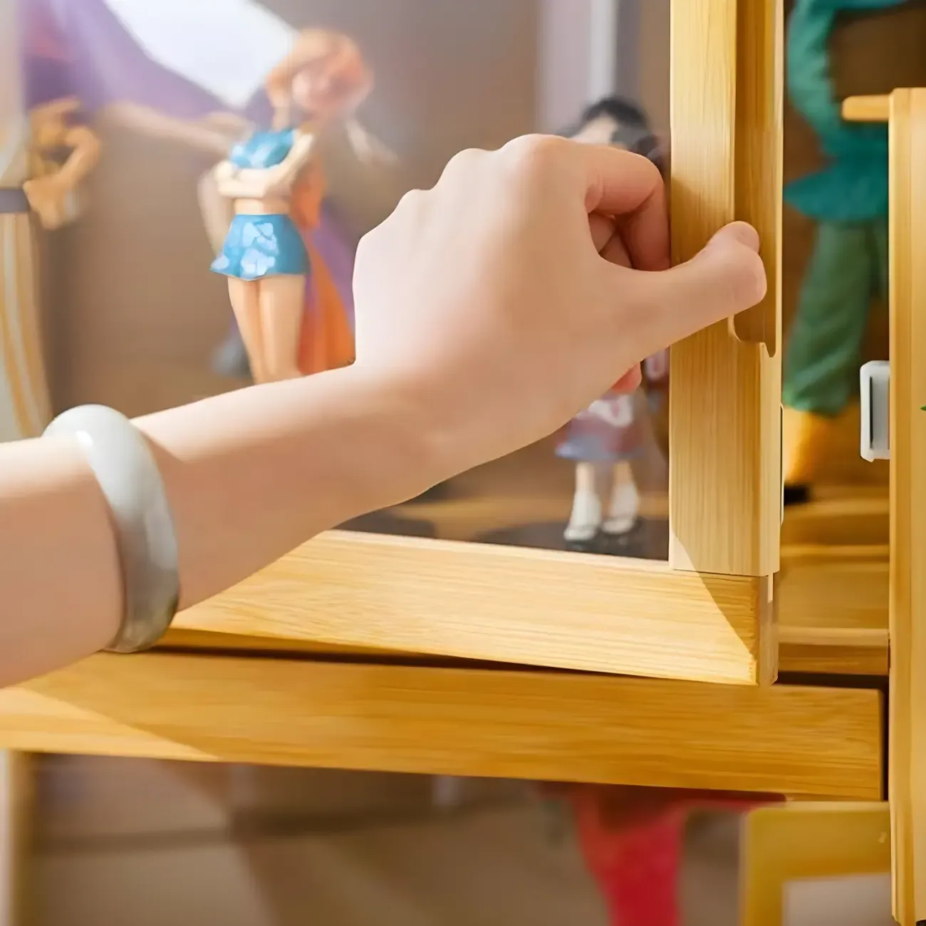 Modern Grey Bamboo Glass Display Cabinet for Living Room Image - 14