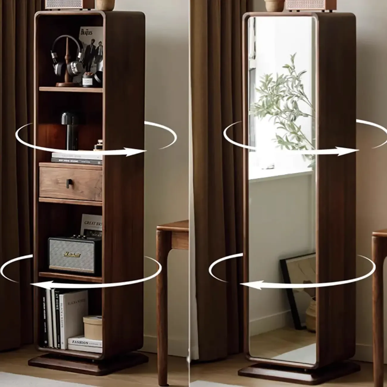 67" Narrow Wood Rotating Vertical Bookcase With Mirror Image - 3