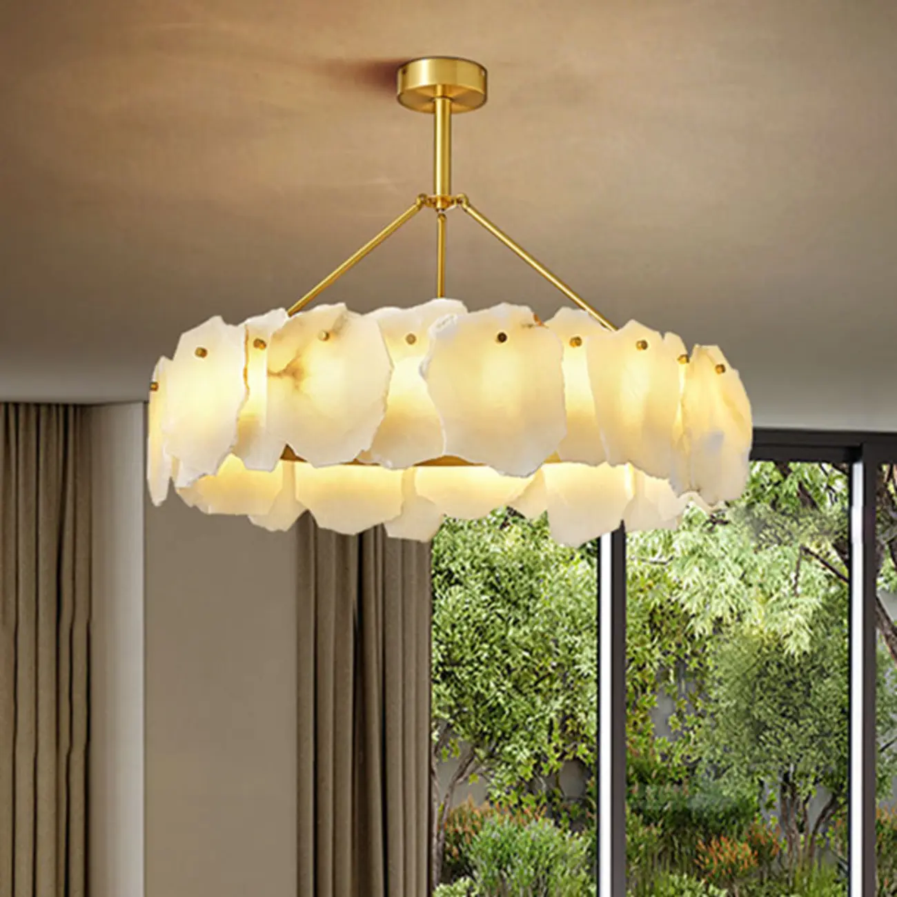 Contemporary Alabaster Round Brass Pendant Chandelier Image - 2 | homeyfad