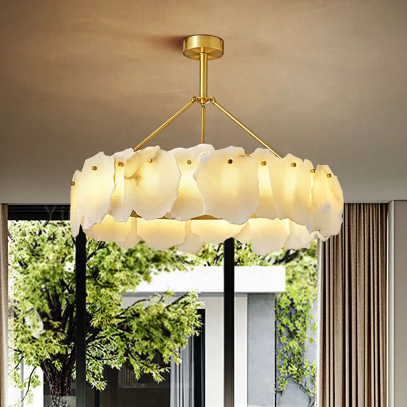 Contemporary Alabaster Round Brass Pendant Chandelier Image - 3 | homeyfad