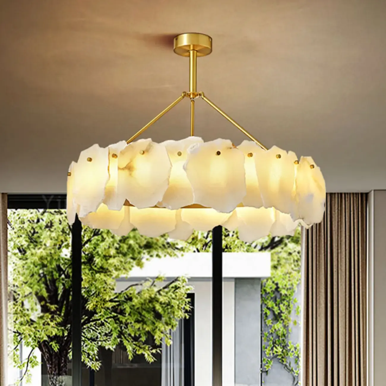 Contemporary Alabaster Round Brass Pendant Chandelier Image - 3