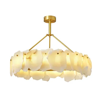 Contemporary Alabaster Round Brass Pendant Chandelier Image - 6