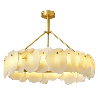 Contemporary Alabaster Round Brass Pendant Chandelier Image - 7