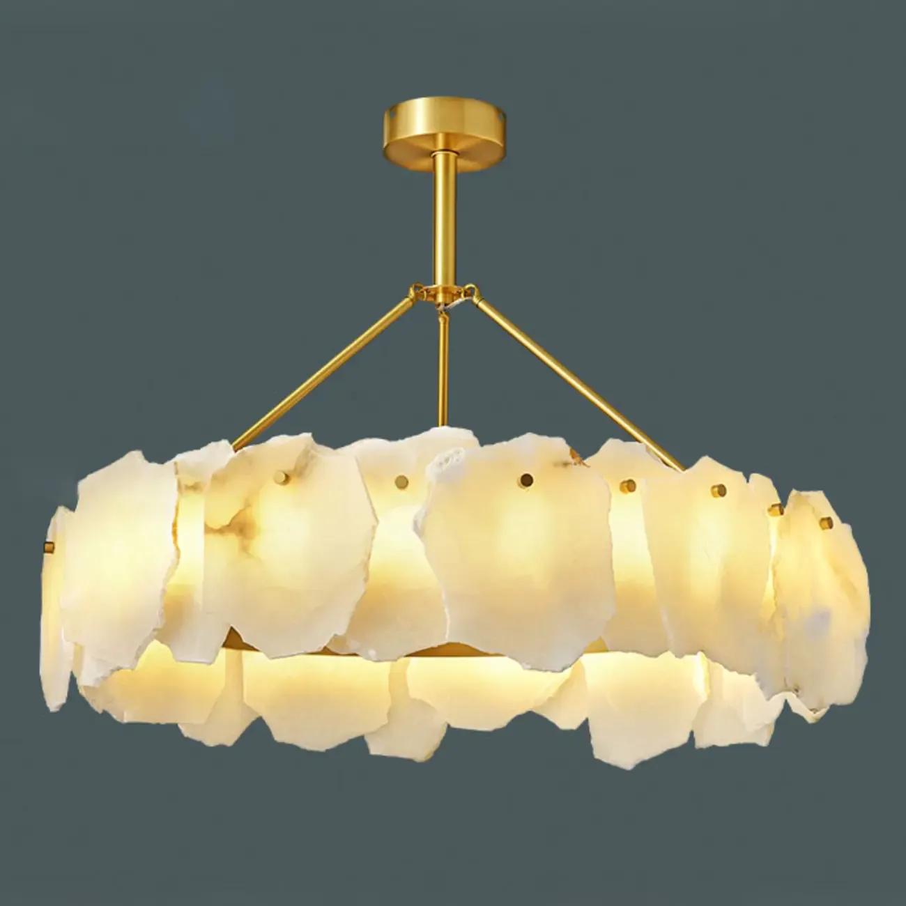Contemporary Alabaster Round Brass Pendant Chandelier Image - 8