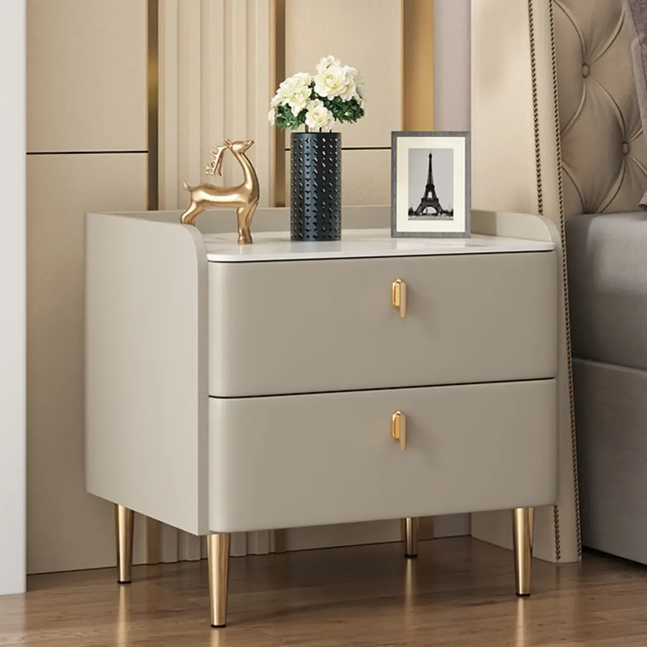 Trendy Stone Leather Gold Accents 2-Drawer Nightstand Image - 3