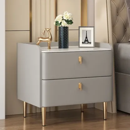 Trendy Stone Leather Gold Accents 2-Drawer Nightstand Image - 8