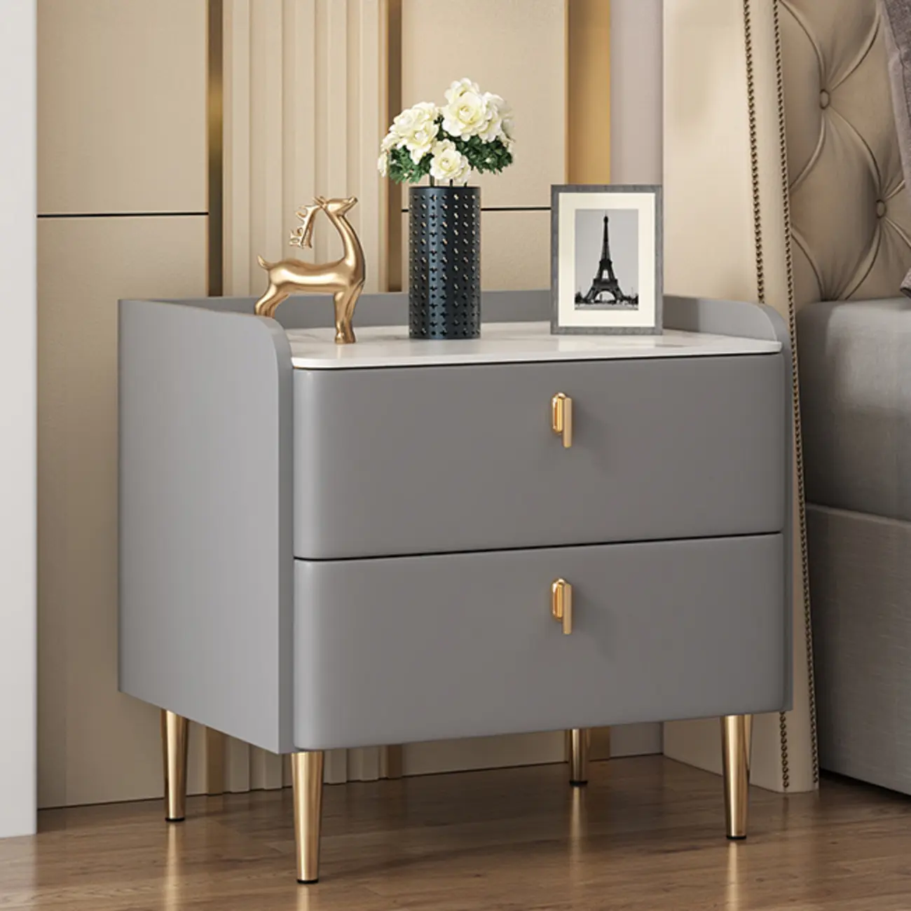 Trendy Stone Leather Gold Accents 2-Drawer Nightstand Image - 5 | homeyfad