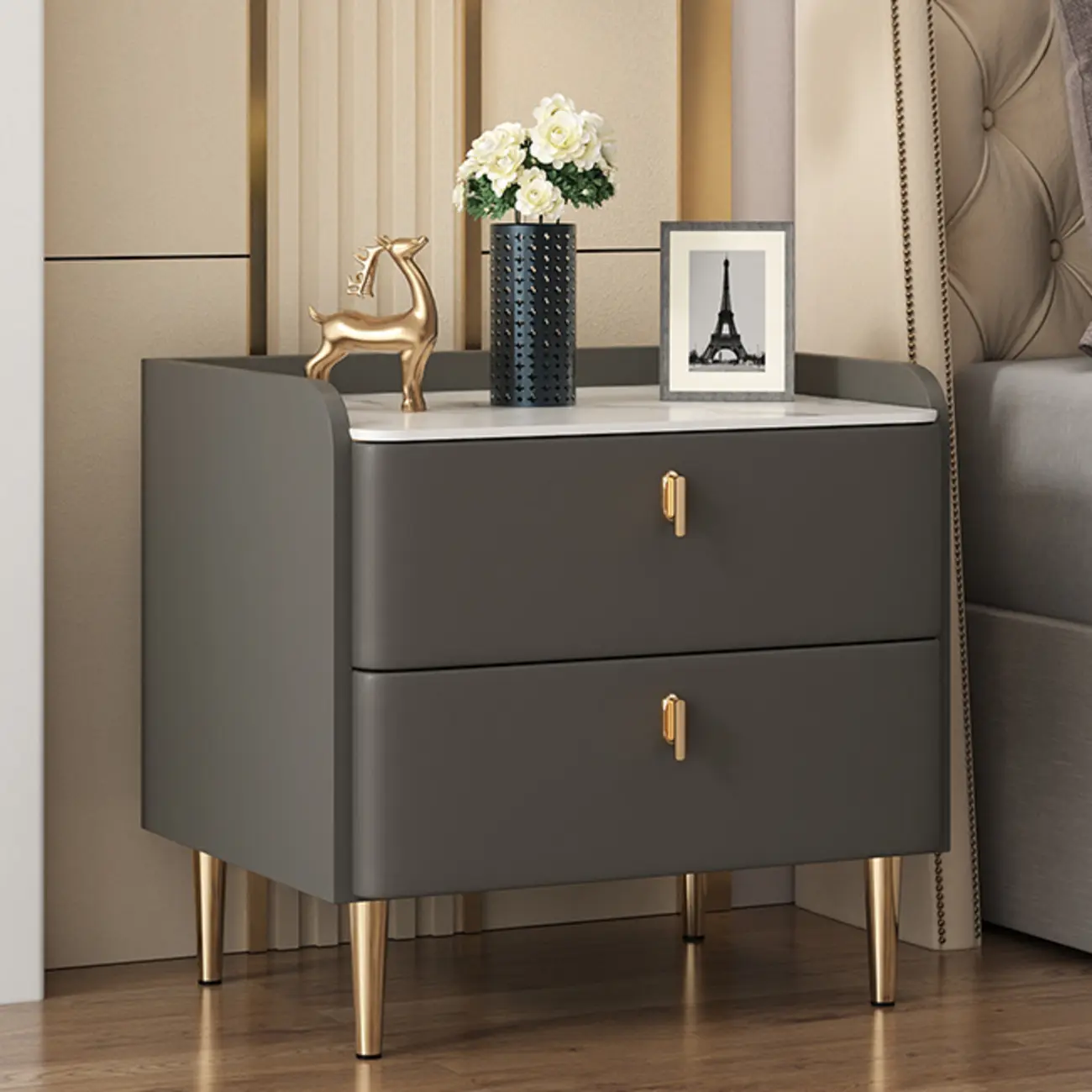 Trendy Stone Leather Gold Accents 2-Drawer Nightstand Image - 4 | homeyfad